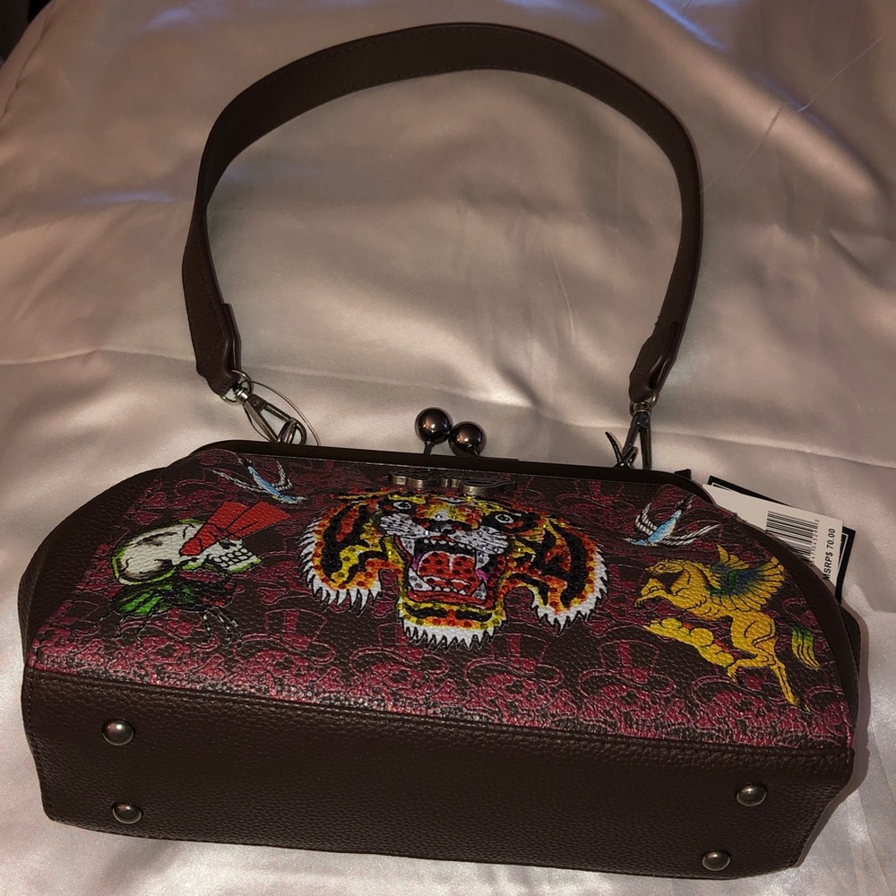 Ed Hardy Chocolate Faux Leather Shoulder Bag Red Skull Print & Tiger Tattoo NWT
